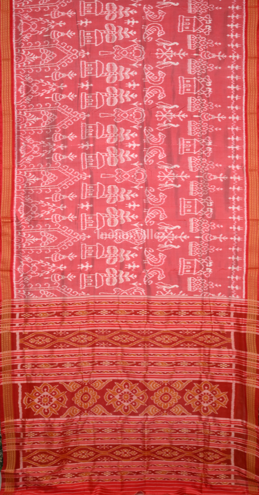Peach Red Tribal Houses Odisha Ikat Khandua Silk Saree 