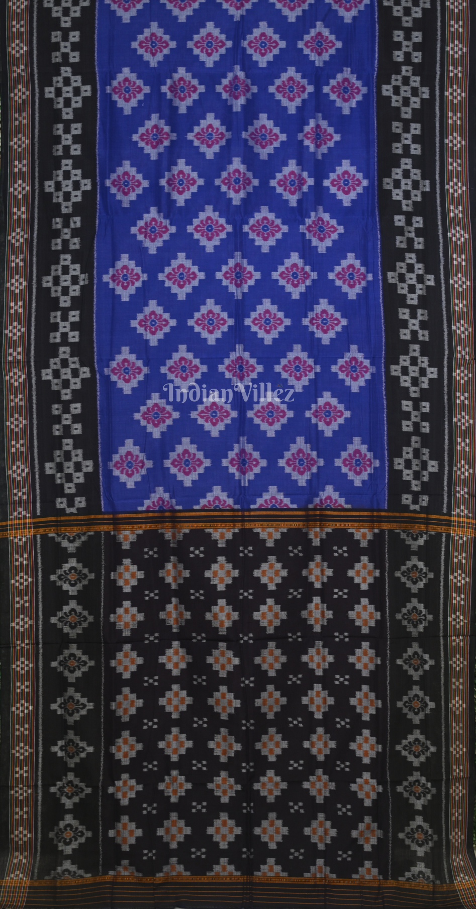 Blue Black Pasapali Scot Odisha Ikat Sambalpuri Cotton Saree