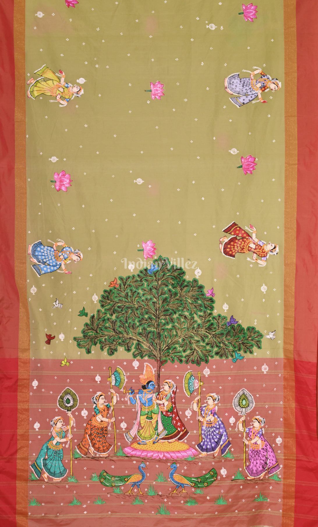 Ghee Red Raasleela Hand-Painted Pattachitra Saree