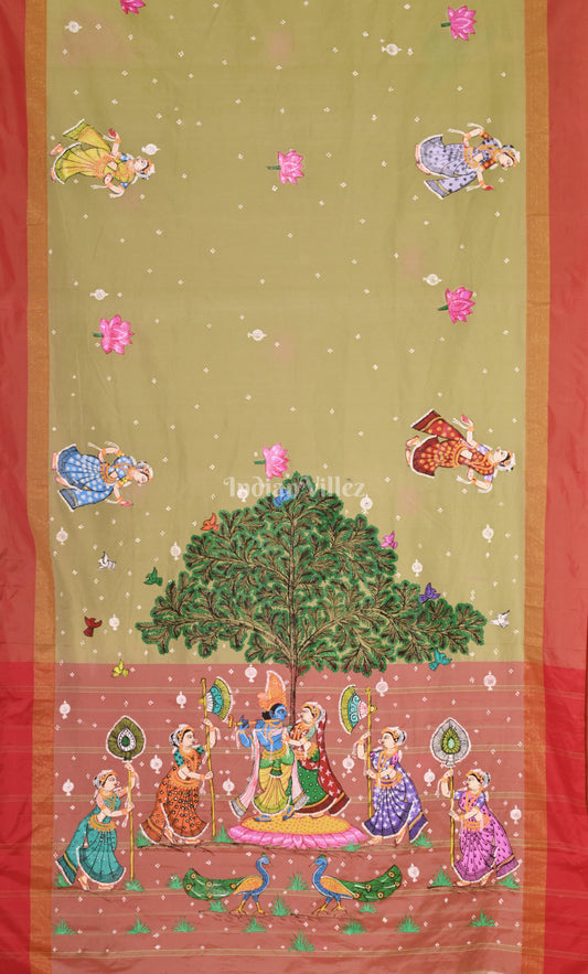 Ghee Red Raasleela Hand-Painted Pattachitra Saree