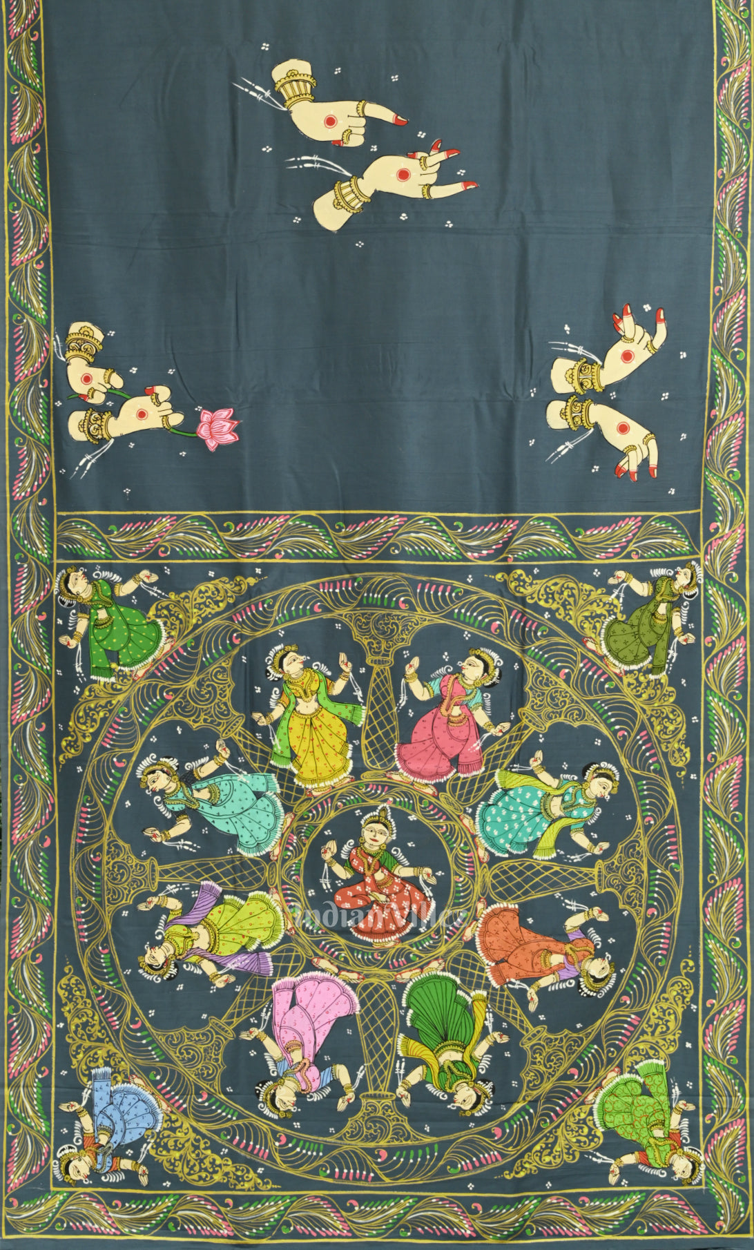Grey Nartaki Mudra Hand-Painted Pattachitra Silk Saree