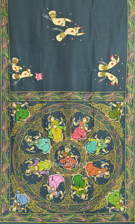 Grey Nartaki Mudra Hand-Painted Pattachitra Silk Saree