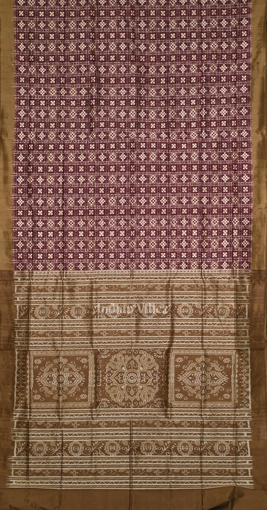 Exclusive Wine Maroon Gold Mini Pasapali Odisha Ikat Sambalpuri Silk Saree