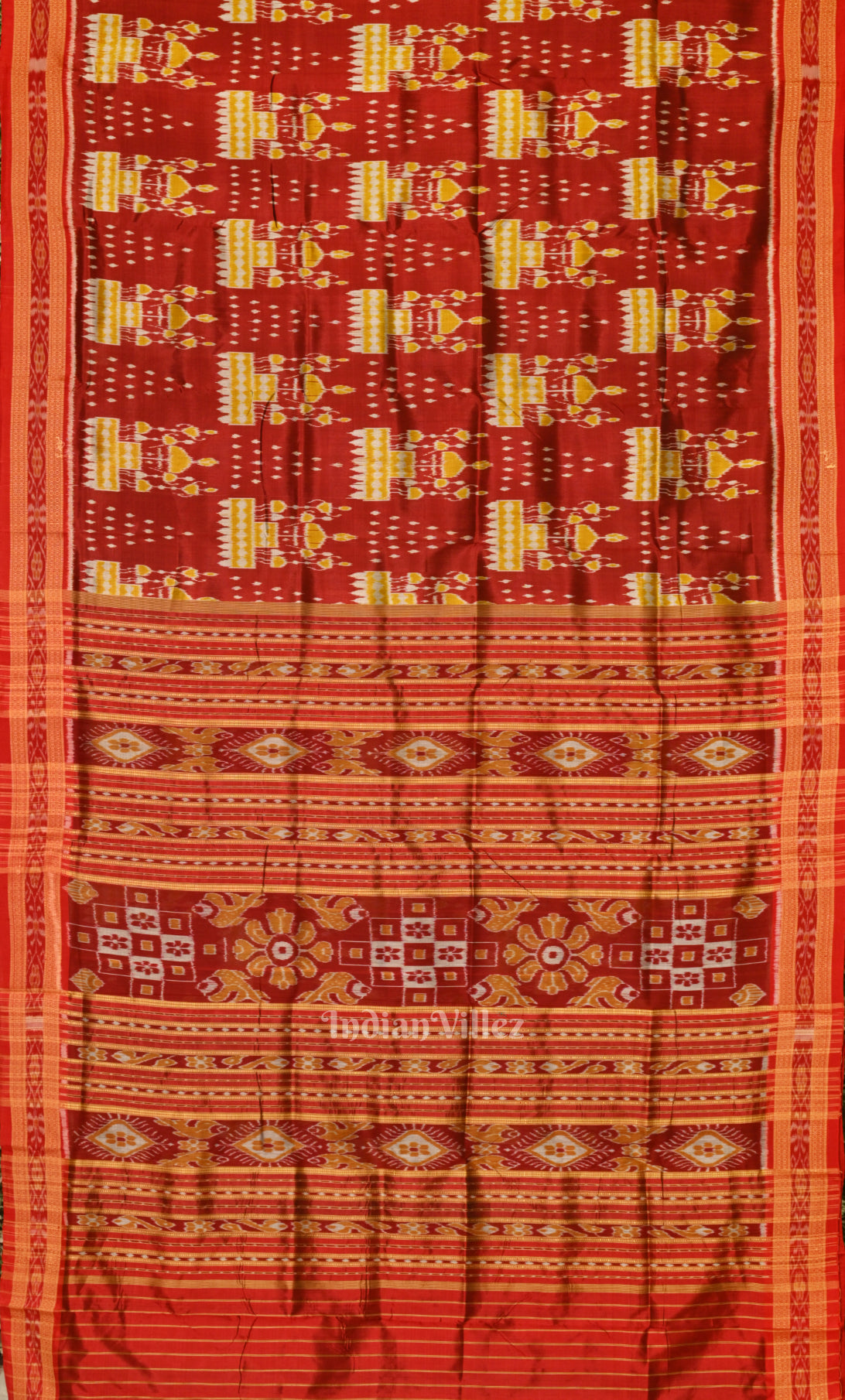 Red Yellow  Tribal Theme Odisha Ikat Khandua Silk Saree 