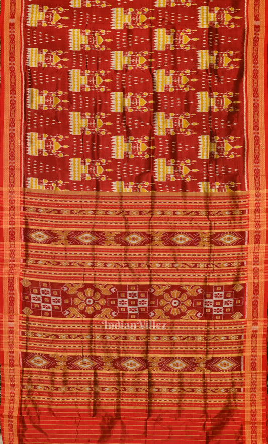 Red Yellow  Tribal Theme Odisha Ikat Khandua Silk Saree 