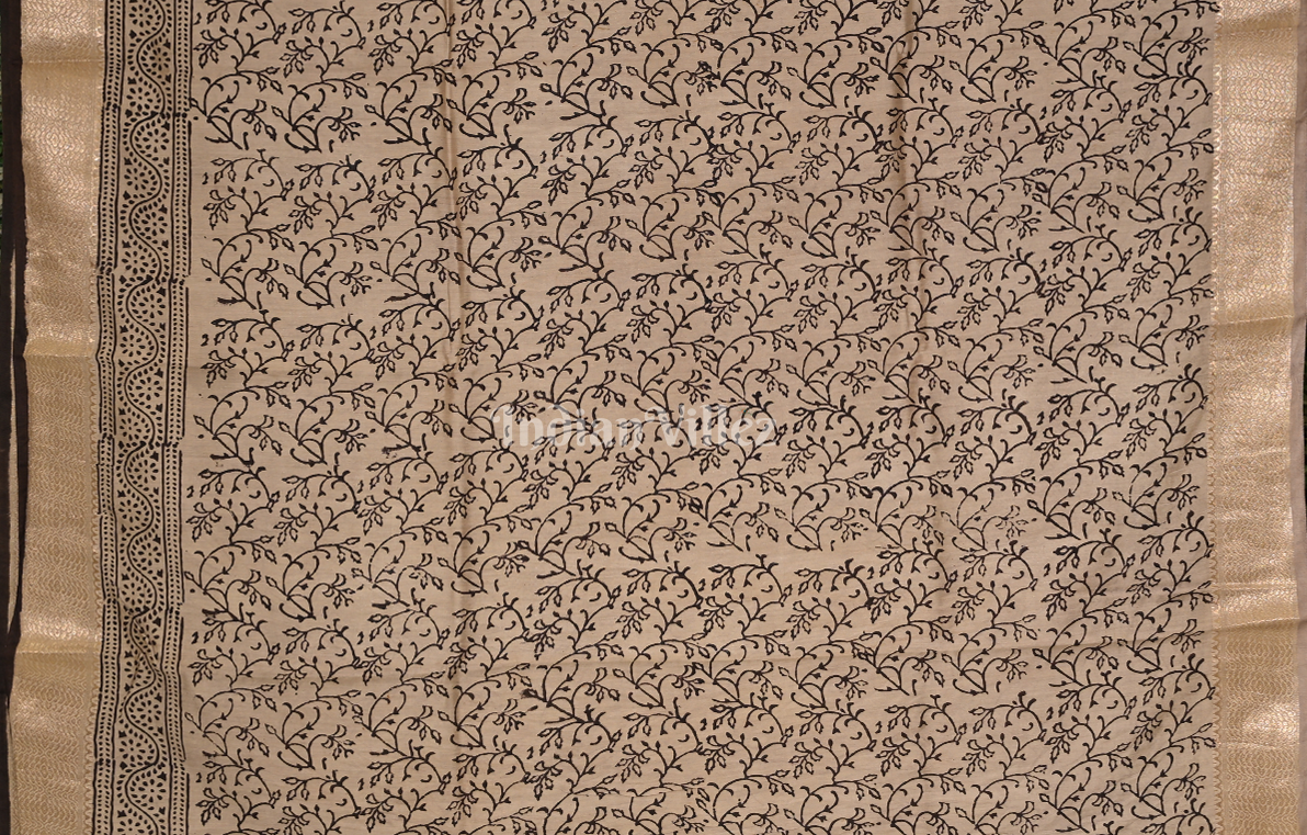 Cream Block Printed Bagru Cotton Saree 