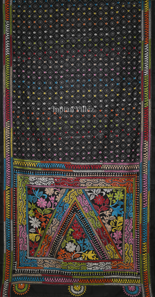 Black Handwoven Kantha Stitch Silk Saree