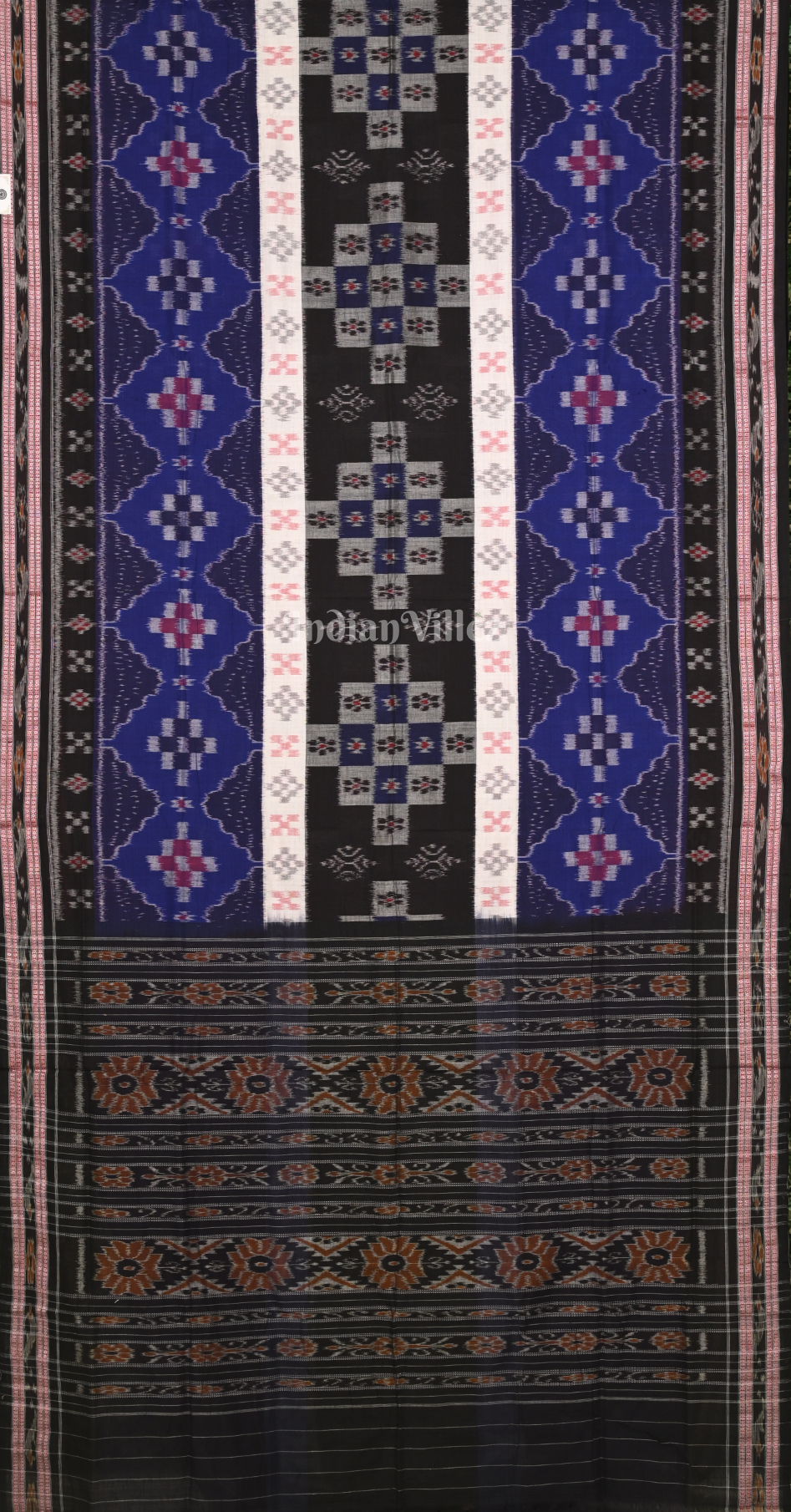 Black Blue Pasapali Triple Layer Odisha Ikat Sambalpuri Cotton Saree 