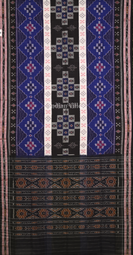 Black Blue Pasapali Triple Layer Odisha Ikat Sambalpuri Cotton Saree 