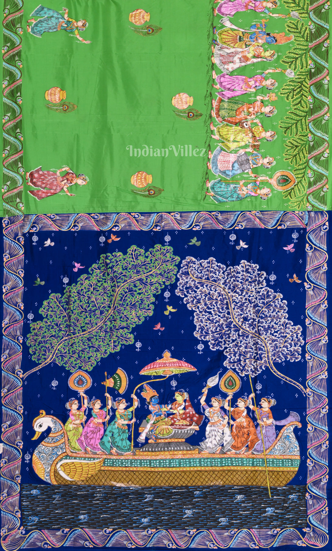 Parrot Green Blue Boita Bandana Hand-Painted Pattachitra Saree