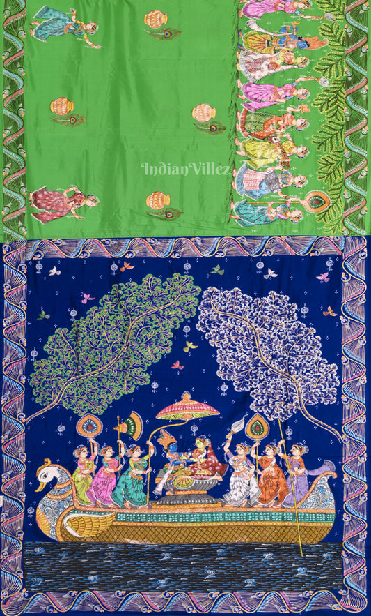 Parrot Green Blue Boita Bandana Hand-Painted Pattachitra Saree