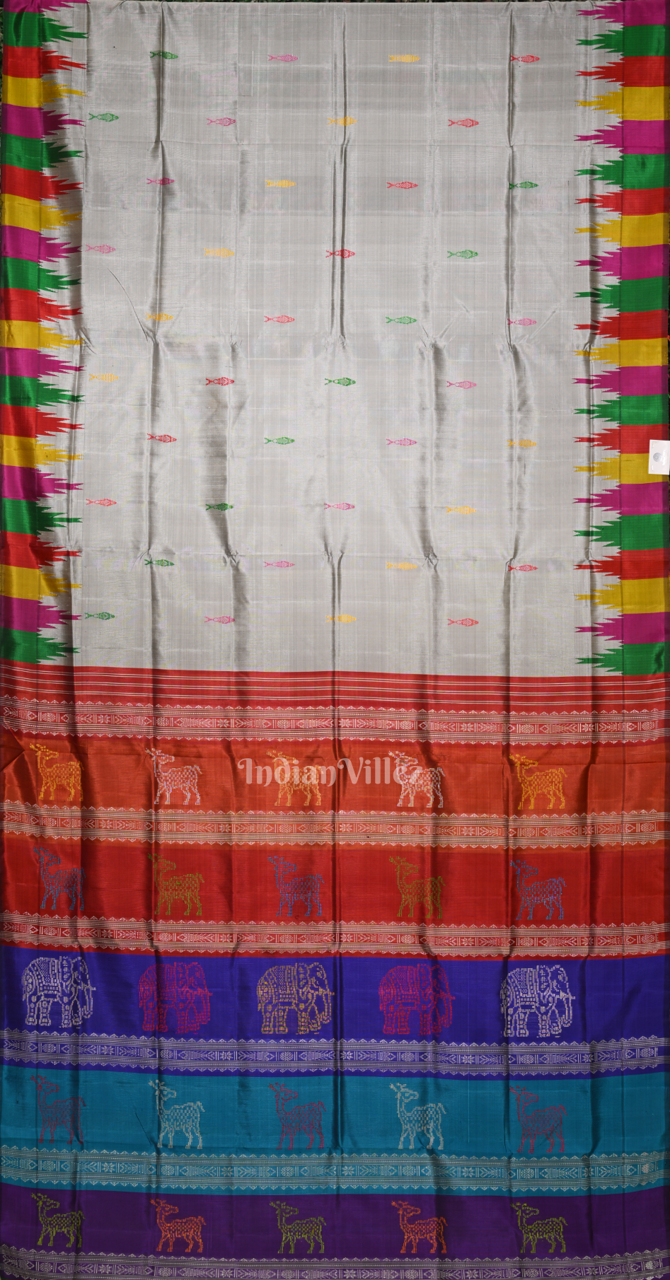 Powder Blue with Multi Colour Fish Motif Double Pallu Berhampuri Silk Saree 