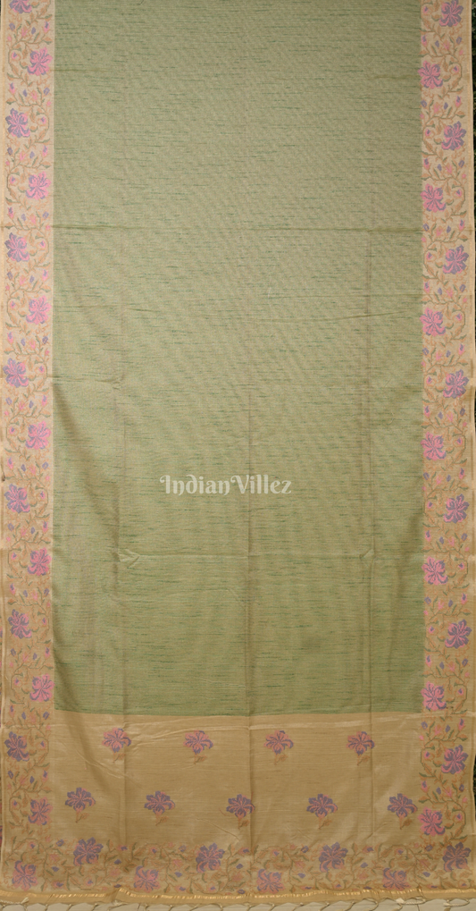 Green Beige Tussar Silk Saree with Floral Embroidery Work