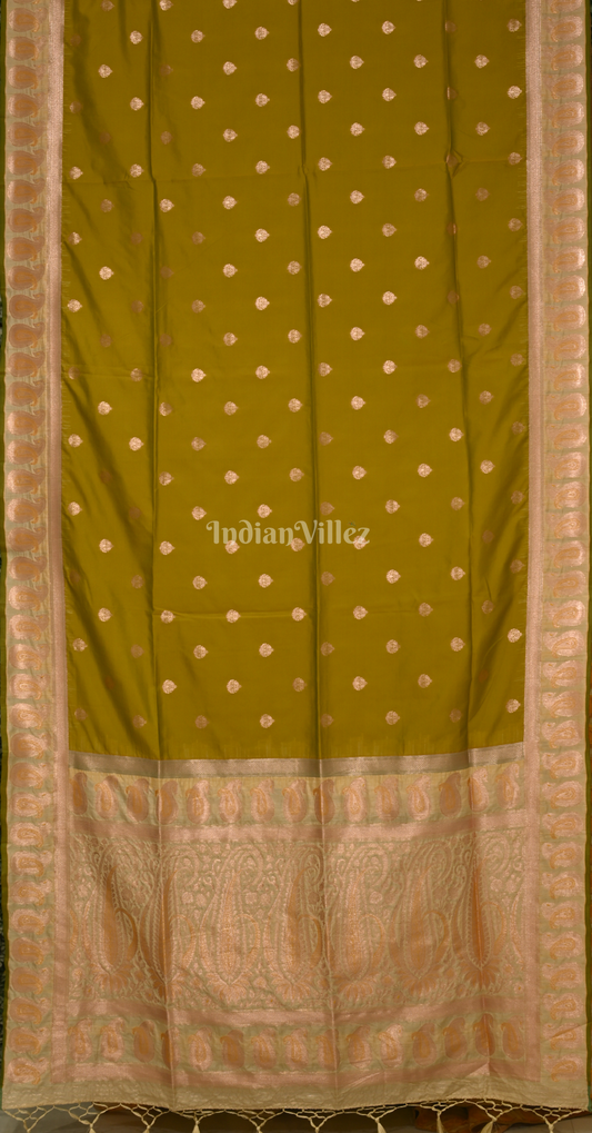 Olive Green Booti Motif Designer Pure Satin Banarasi Silk Saree