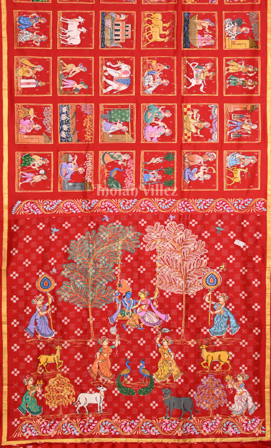 Red Radha Krishna Village ThemePattachitra Sambalpuri silk Saree 