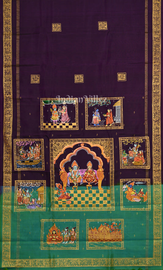 Purple Green  Ramayan Theme  Hand-Painted Pattachitra Saree 