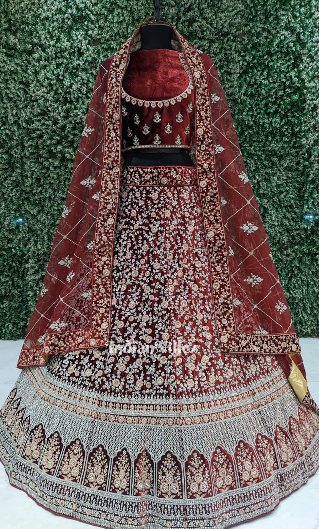 Deep Maroon Velvet Zari & Sequin Heavy Bridal Lehenga Set