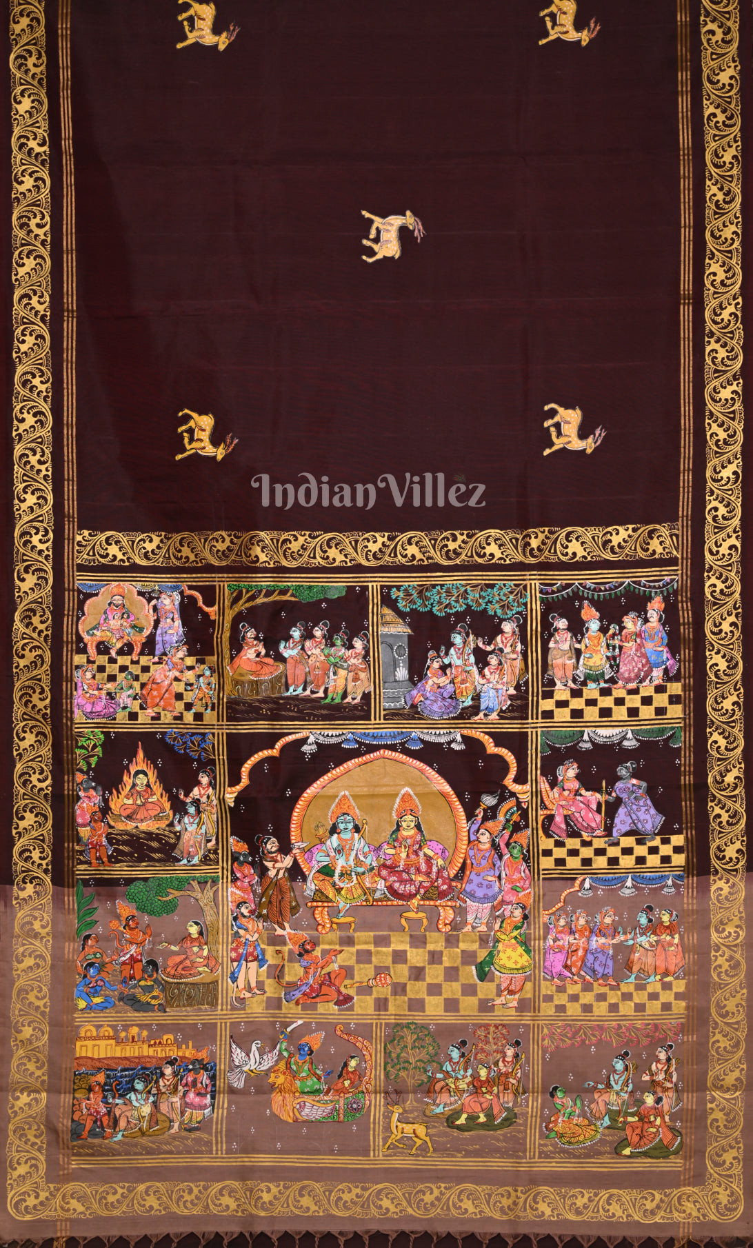 Coffee Cream Ramayan Theme Hand-Painted Pattachitra Saree 