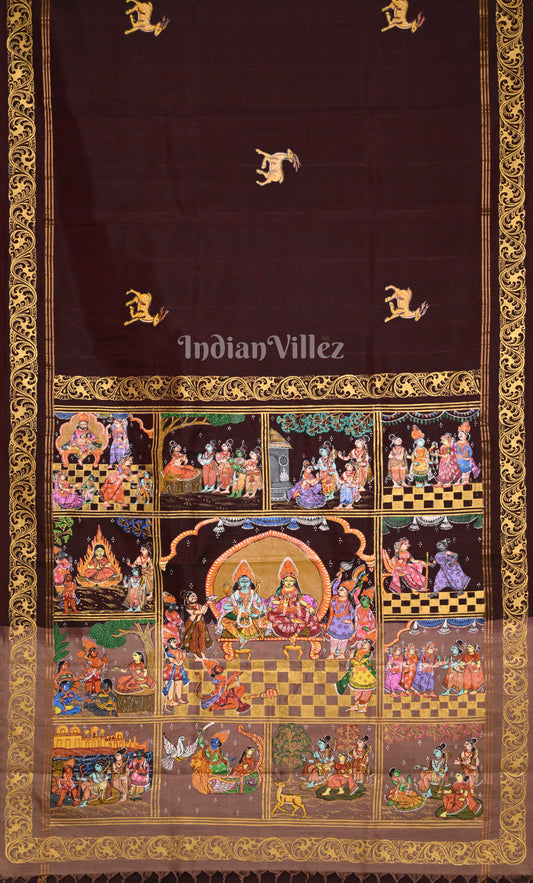 Coffee Cream Ramayan Theme Hand-Painted Pattachitra Saree 