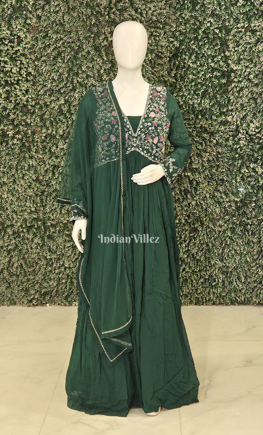 Dark Green Floral Alia cut Georgette Anarkali with Dupatta 