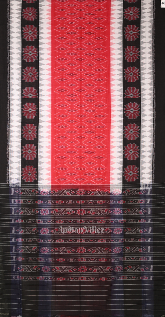 Red Black White Double Border Flower Motif Odisha Ikat Maniabandha Cotton Saree 