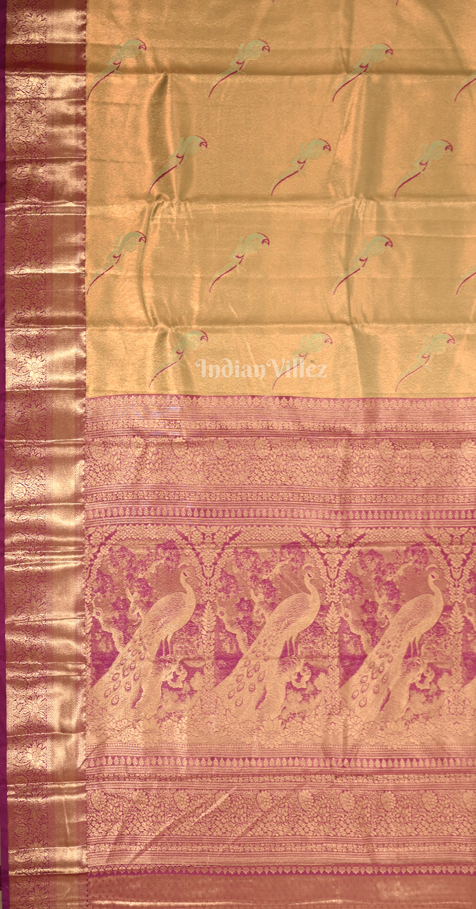 Light Golden Rani Pink Parrot Motif Pure Kanjivaram Tissue Silk Saree 