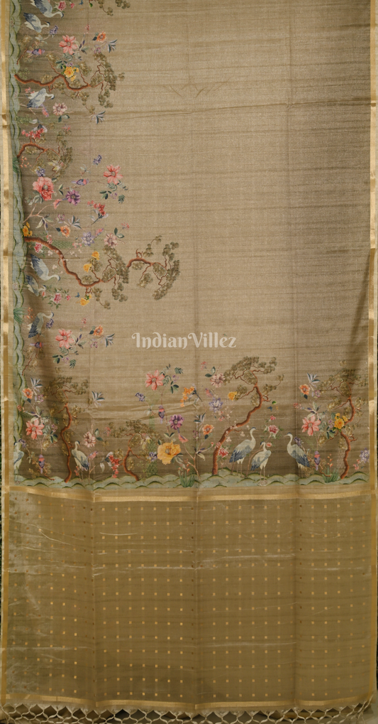 Beige Golden Tusasr Silk Saree with Floral Embroidery Work 