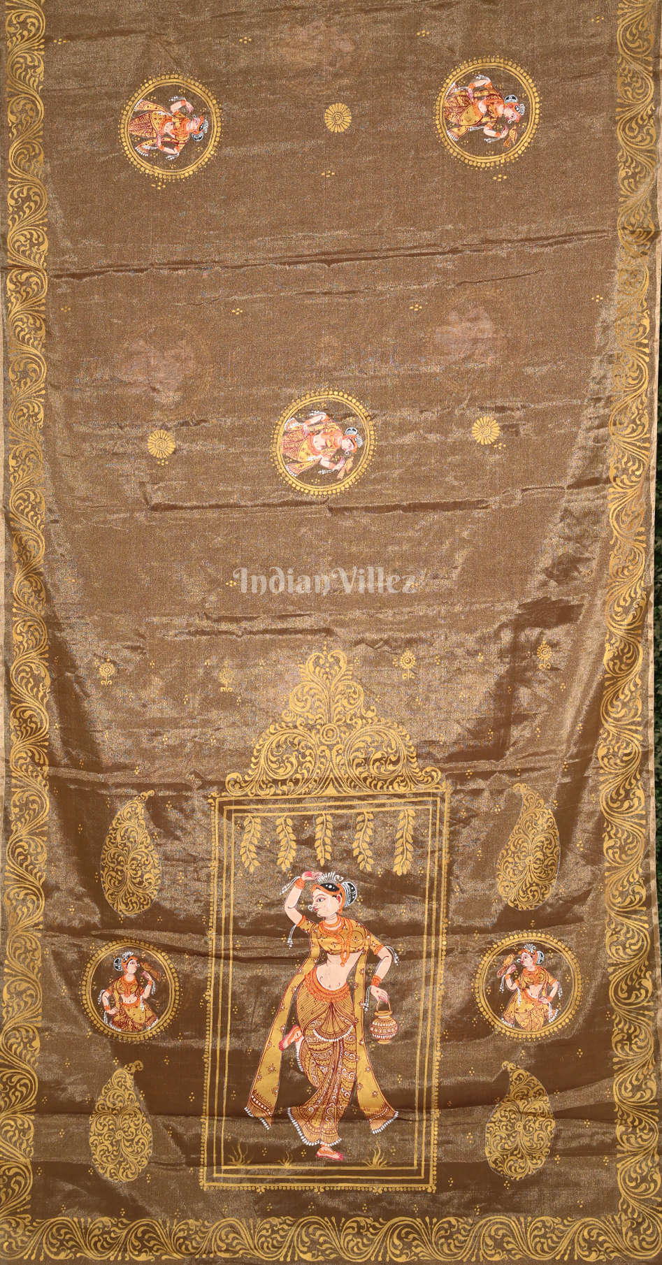 Brown Golden Shringar Raas Hand- Painted Pattachitra Saree (Tissue) 