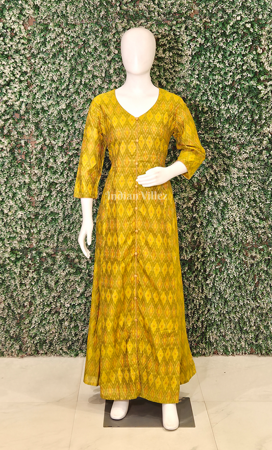 Mustard Yellow Pochampally Ikat Designer Long Gown for Women
