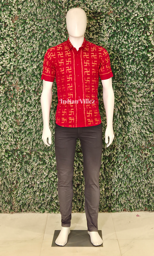 Red Swastik Motif Odisha Ikat Cotton Half Sleeve Shirt for Men 