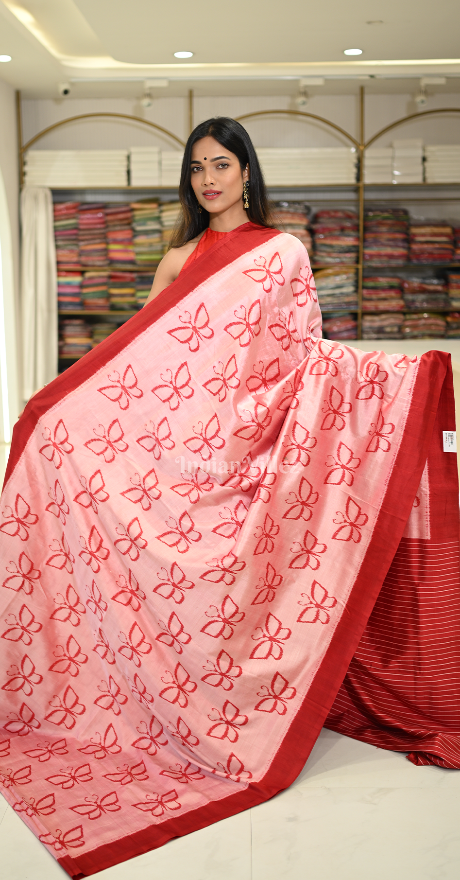 Peach Red Butterfly Theme Odisha Ikat Contemporary Designer Silk Saree