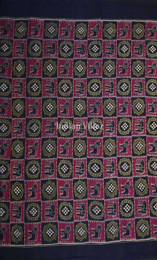 Blue Maroon Jungle Theme Odisha Ikat  Sambalpuri Cotton Fabric