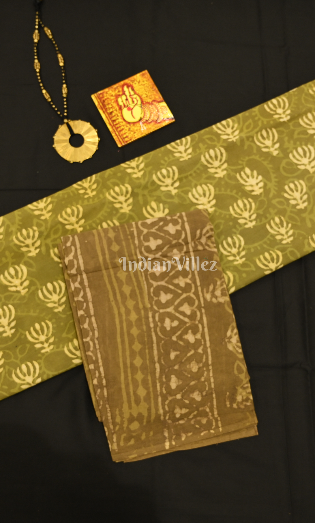 Green Dabu Block Printed Cotton Suit Sets
