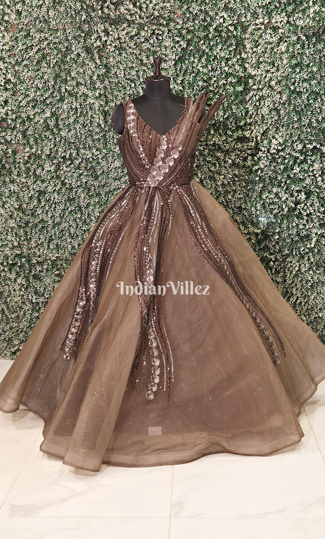 Party Wear Brown Net Indowestern Gown with Sequins Embroidery
