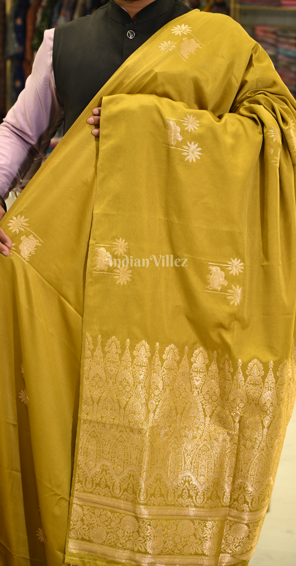Mustard Yellow Mashru Satin Banarasi Silk Saree with Pichwai Motif