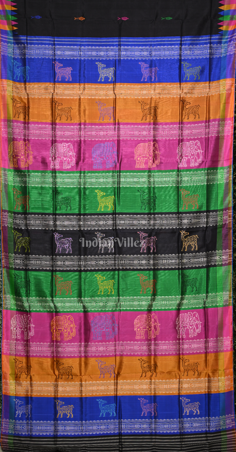 Black with Multi Colour Fish Motif Double Pallu Berhampuri Silk Saree