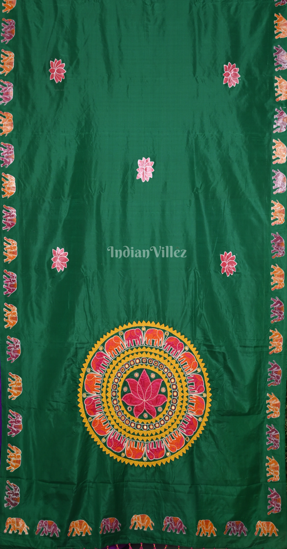 Purple Green Hand Embroidered Applique Work Saree 