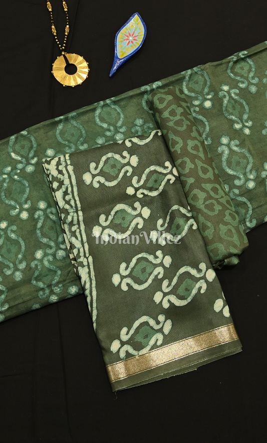Bottle Green Bagru Crepe Block Printed Silk Suit Sets 