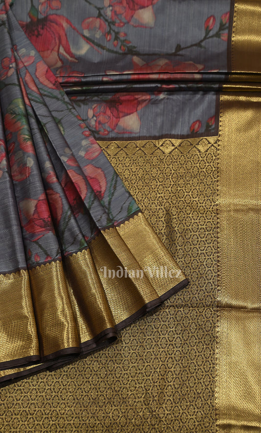 Grey Digital Print Kanjivaram Silk Saree 