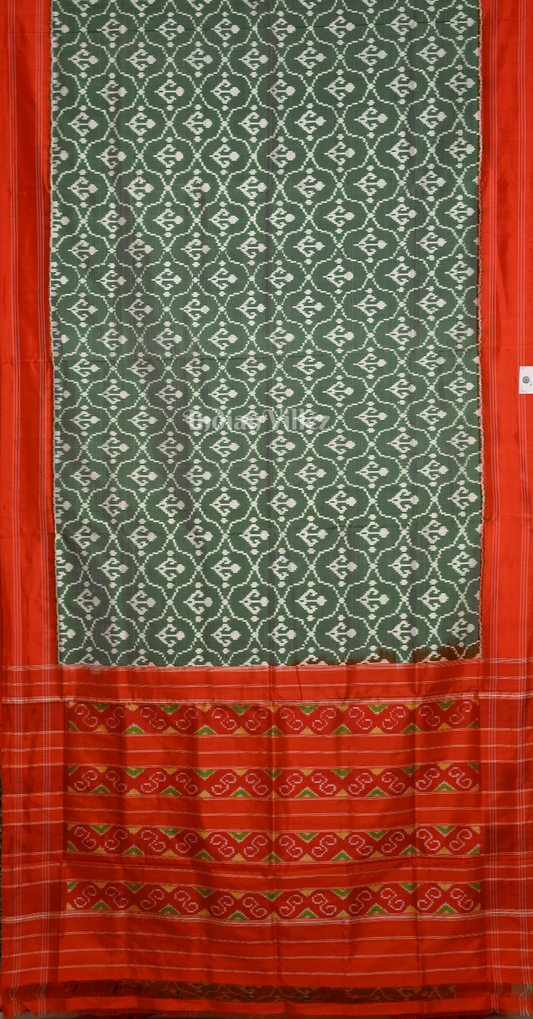 Light Green Red Pochampally Ikat Silk Saree 