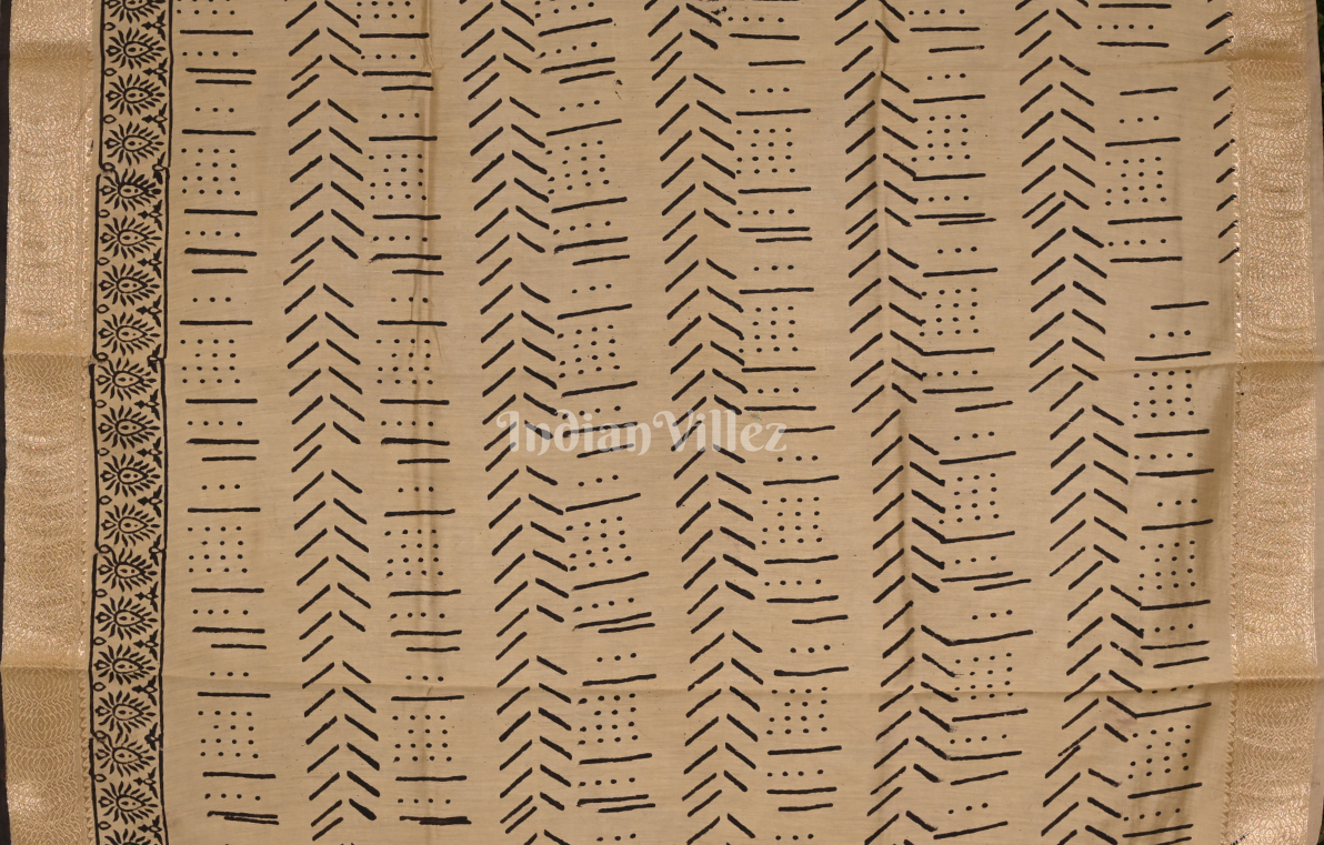 Cream Black Block Printed Bagru Cotton Saree