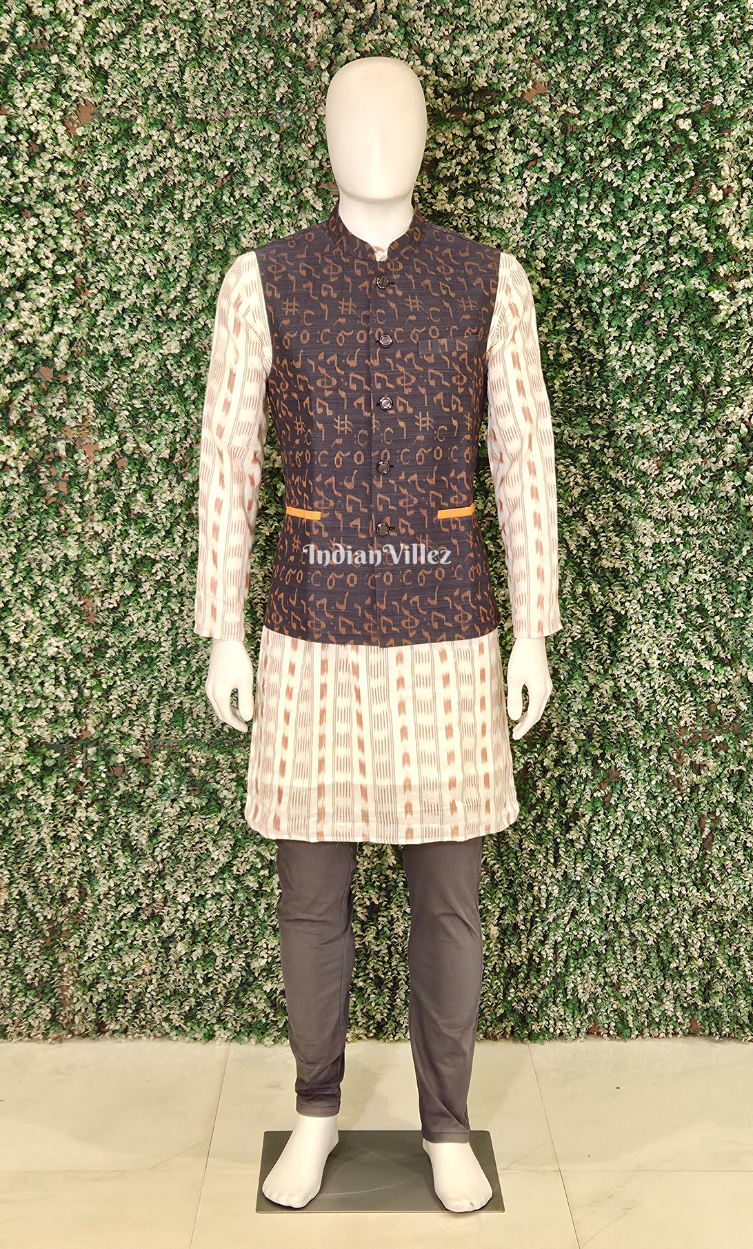 Navy Blue Musical Instrument Theme Odisha Ikat Half Bandi Jacket for Men 