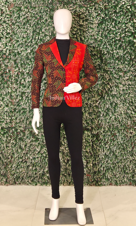 Coffee Red Leaf Motif Odisha Ikat Women's Designer Blazer