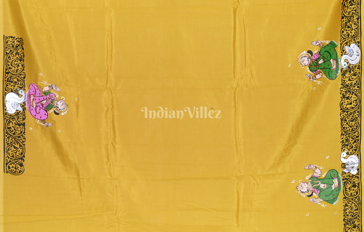 Mustard Yellow Ramayana Theme Hand-Painted Pattachitra Saree