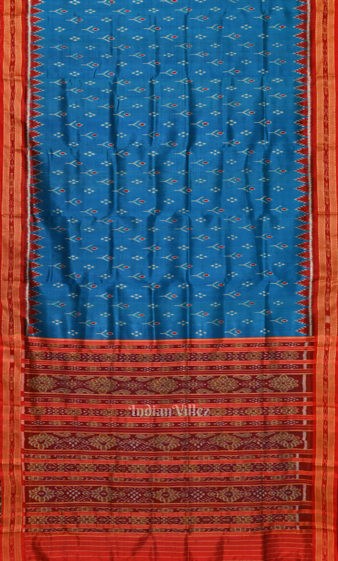 Copper Sulphate Blue Red Mayur Chandrika Odisha Ikat Khandua Silk Saree