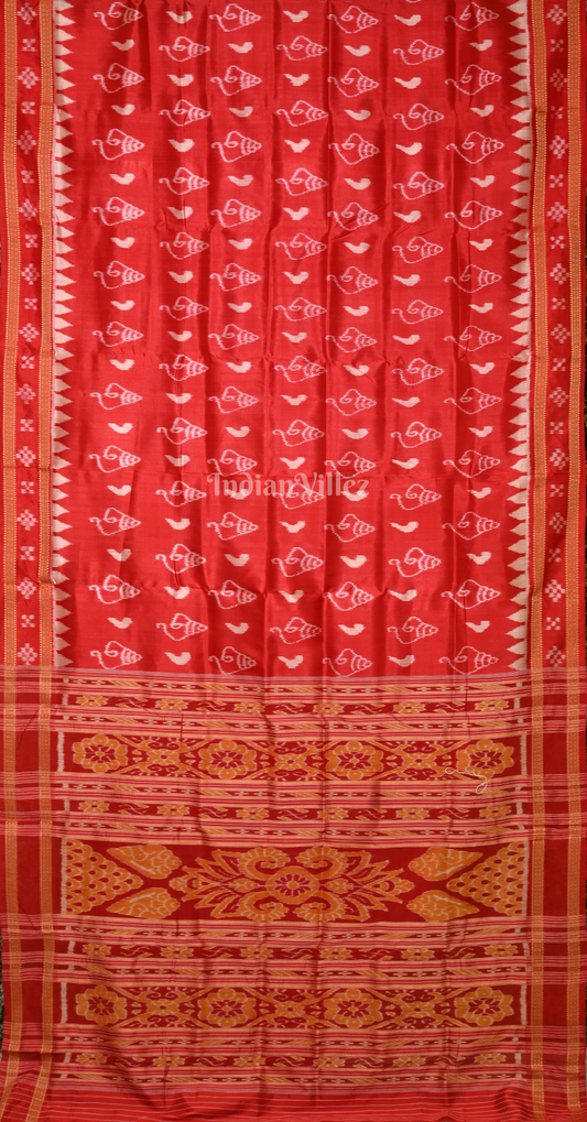 Red Maroon Sankha Motif with Paspali Border Odisha Ikat Khandua Silk Saree