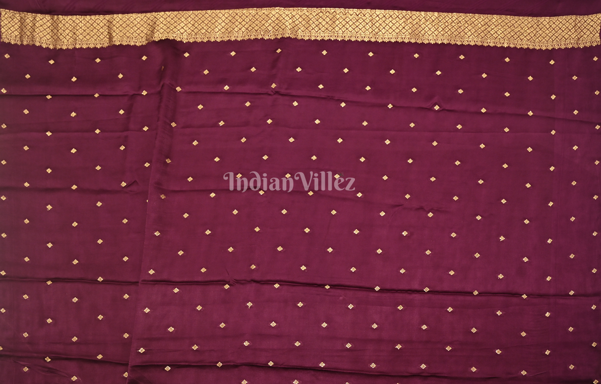 Purple Wine Bird Motif Pure Satin Crepe Silk Banarasi Saree