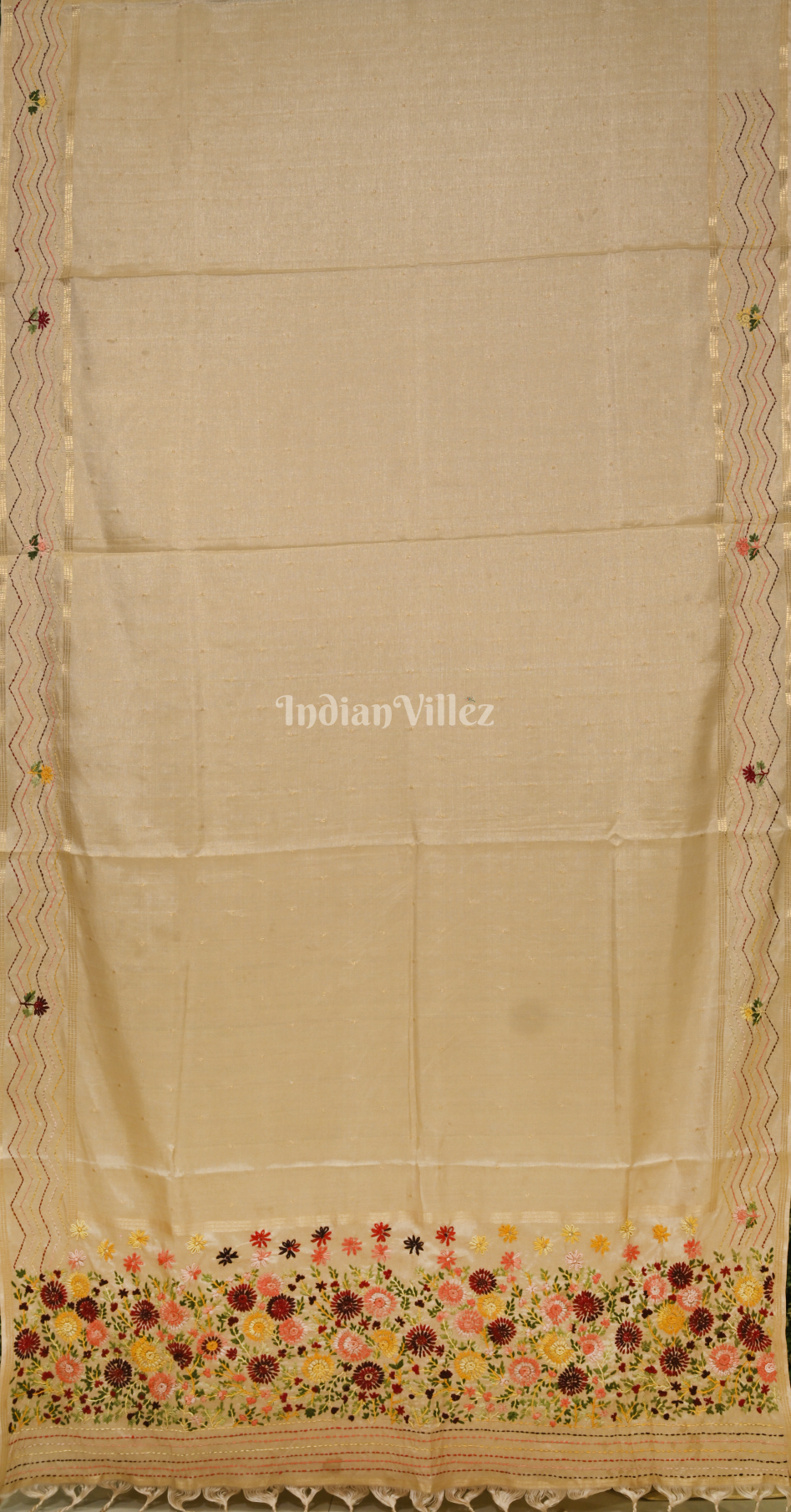 Beige Tusasr Silk Saree with Floral Embroidery Work 