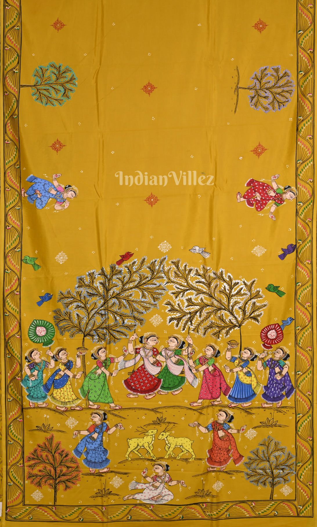 Yellow Raja Doli Theme Hand-Painted Pattachitra Saree