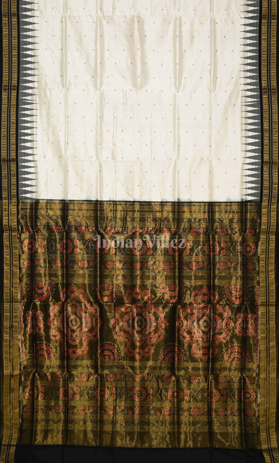 White Black Buti Odisha Ikat Bomkai Half Tissue Silk Saree 